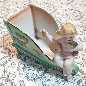 Vintage Bisque L&M Victorian Cherub Guitar Wine Bath Table Top Planter